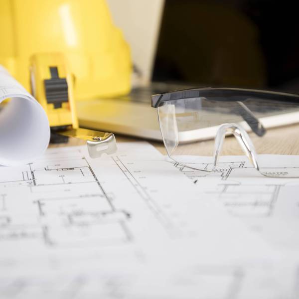 safety-goggles-drafts-near-laptop