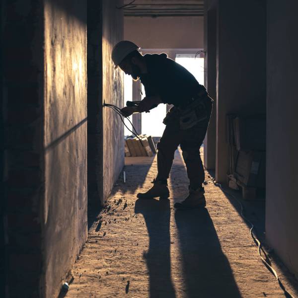 A construction electrician cuts a voltage cable during a repair, silhouette in the light of the setting sun.